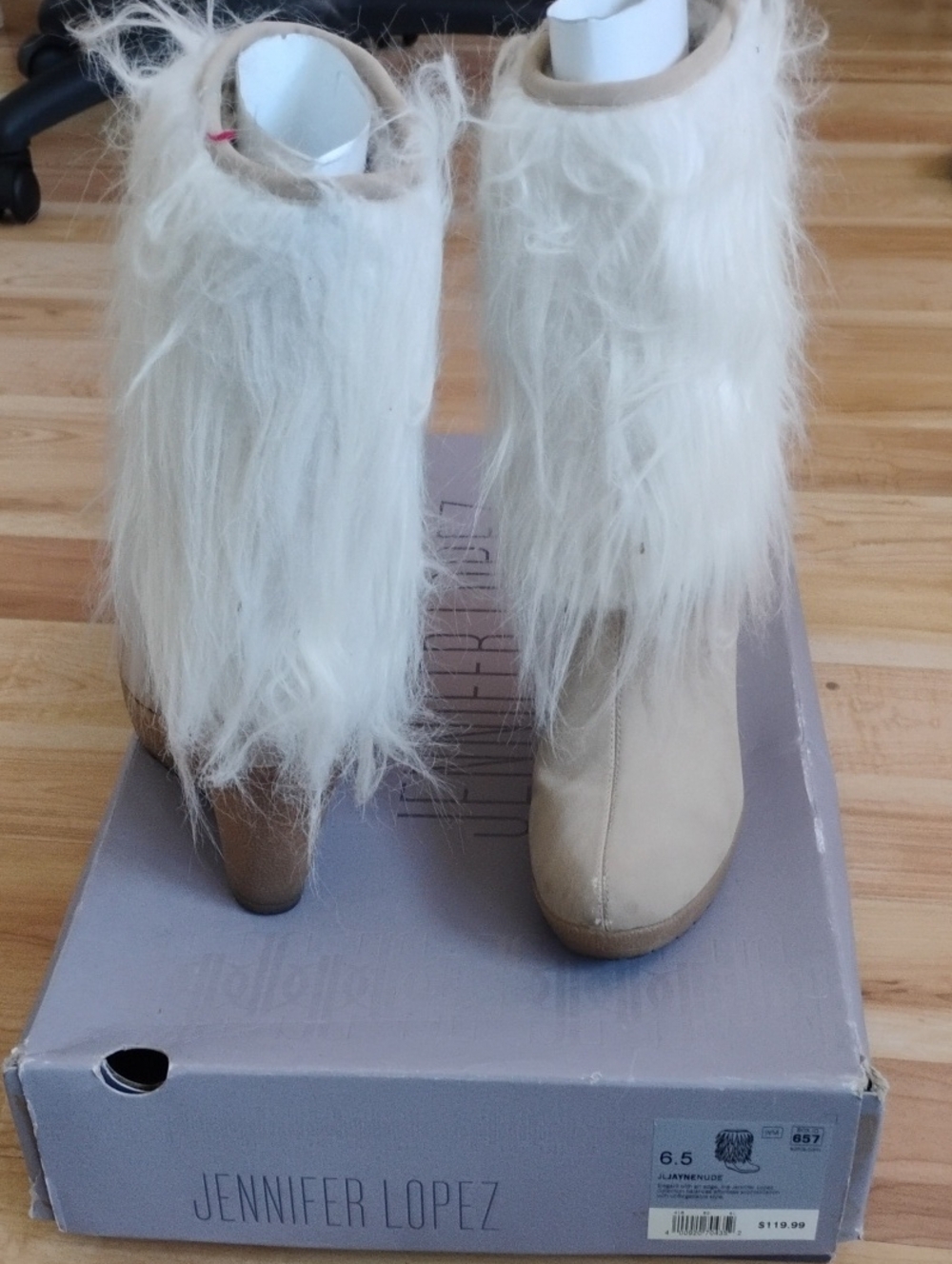 Jennifer Lopez Cream Faux-Fur Ankle Heeled Boots